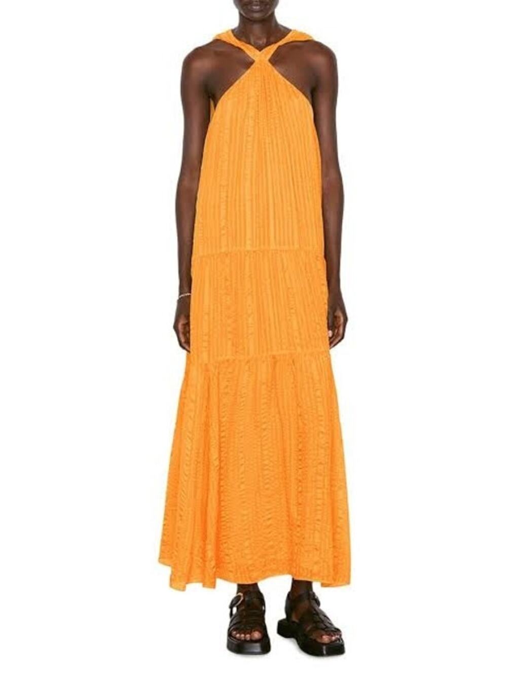 FRAME Draped Crinkle Tiered Halter Maxi Dress Size L NWT